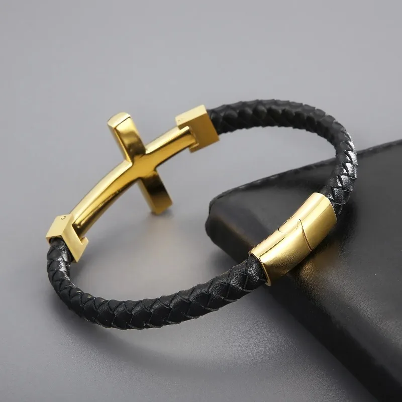 Black Genuine Leather With Cross Charm Bracelet - Stainless Steel 304