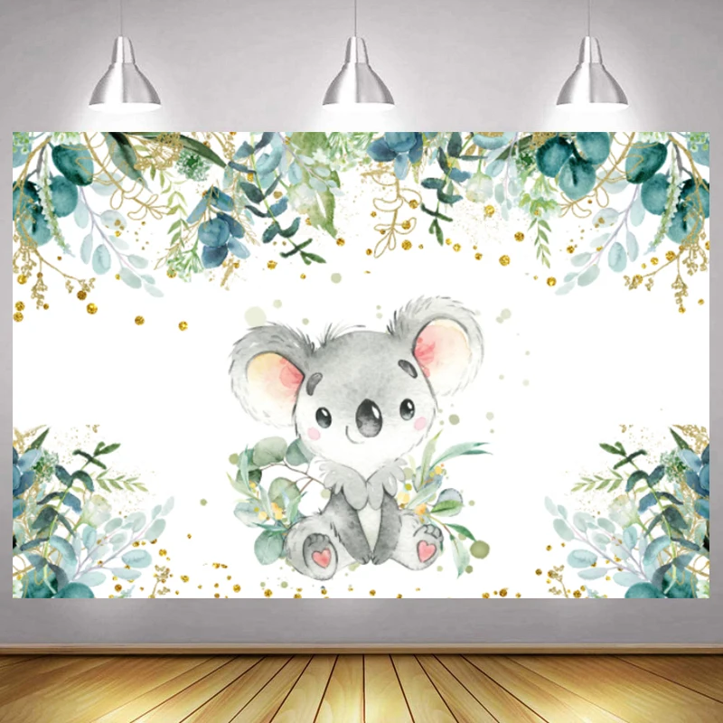 Koala Bear Birthday Party Photo Backdrop Green Eucalyptus Leaves Baby Shower Decorations Photography Background Cake Table Decor