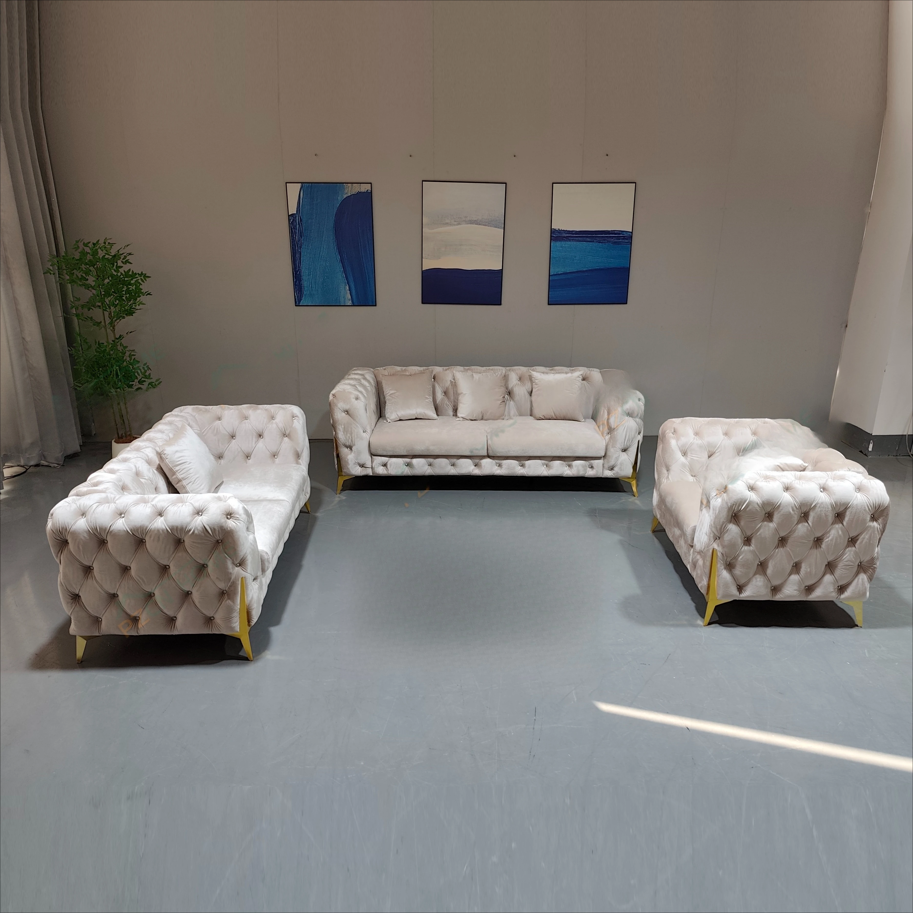 

# Modern New Design Fabric Button Tufted Couches Luxury Living Room Sofas with Stainless Steel Legs for Wholesale