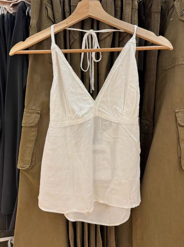 New White Lace Halter Crop Top Women Summer Solid V Neck Sexy Sleeveless Slim Camis Y2k Vintage Sweet Cotton Backless Tank Tops