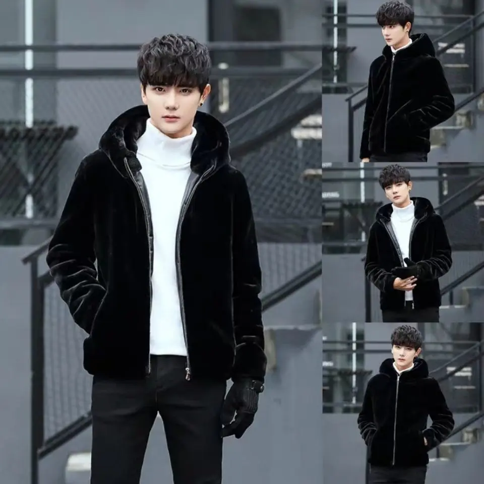 

Men's Thiened Casual Fur Coat Whole Fur Winter Coat Water-Resistant Hooded Loose Fit Cotton Jaet Leather Coat