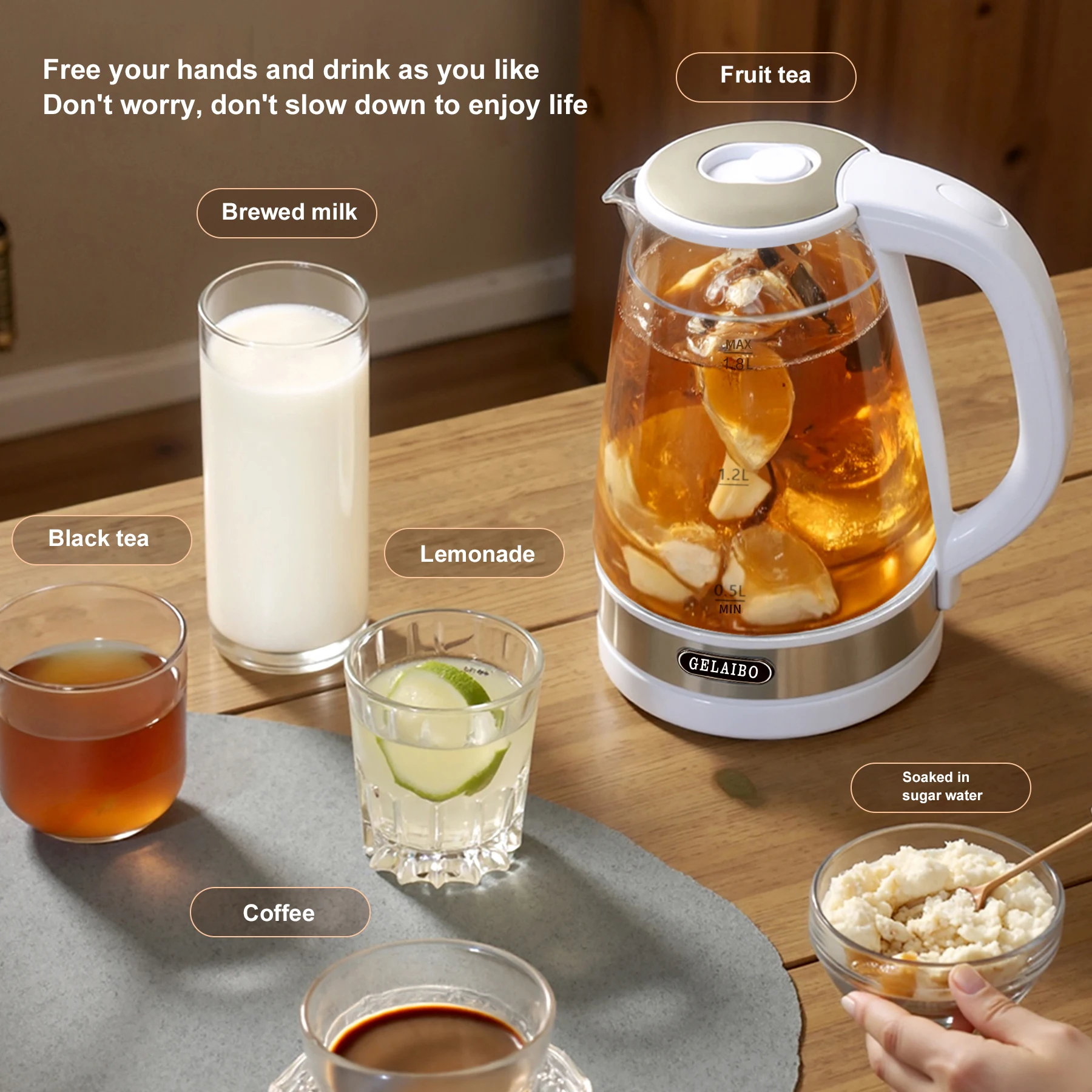 GELAIBO Electric Kettle, LED Light, Large-Capacity 1.8-Liter Glass Kettle, Double-Layer Anti-Scalding, Quick-Boiling Water, One-