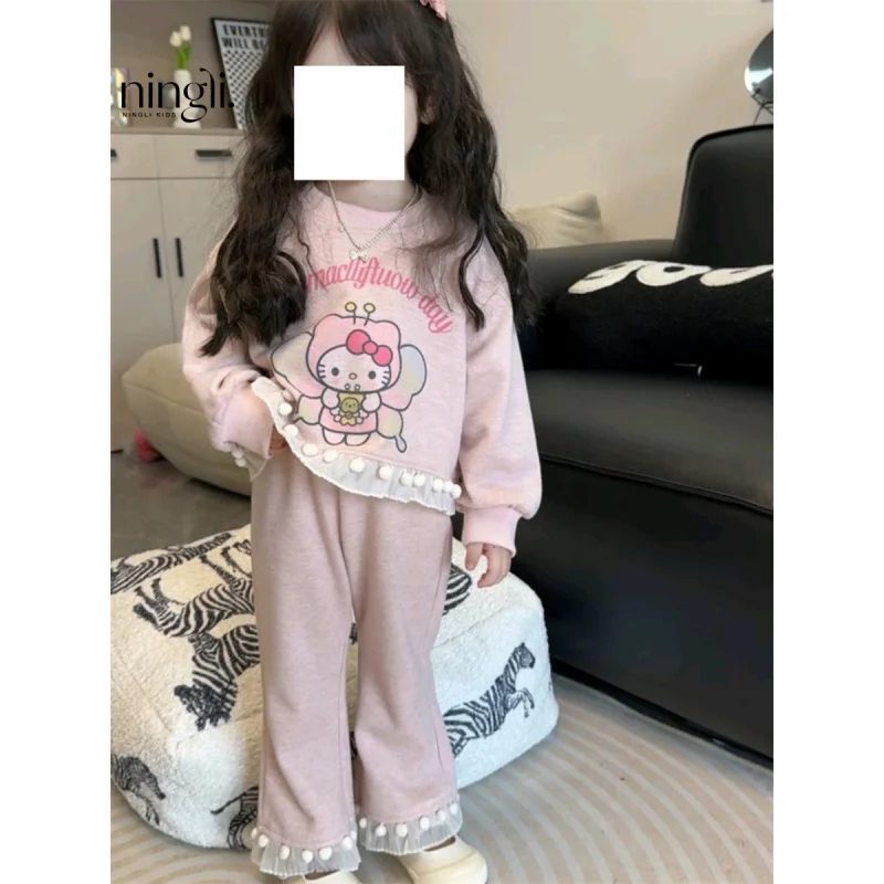 Girls' Suit Autumn Clothes24Autumn South Korea Children's Clothing Cute Sweatshirt Fashionable Sweet Splicing Children's Pants