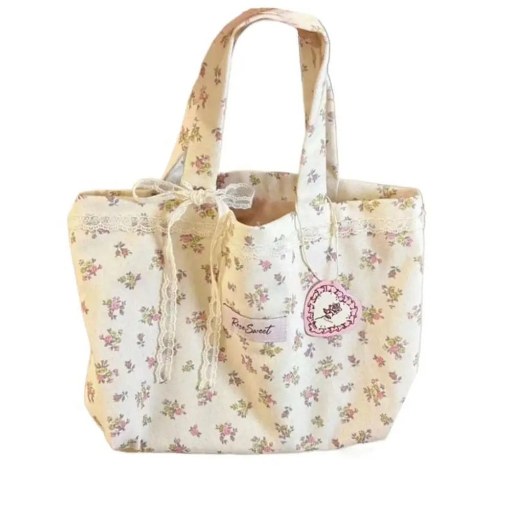 New Fashion Canvas Printed Tote Bag Sweet Storage Handbags Large Capacity Print Shoulder Bags With Sweet Lace Bow For Women