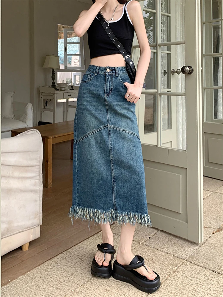 Raw Fringe High Waist Retro Blue Mid-length Denim Skirt Women's Spring Summer Simple Street Style Straight A-line Skirt Female