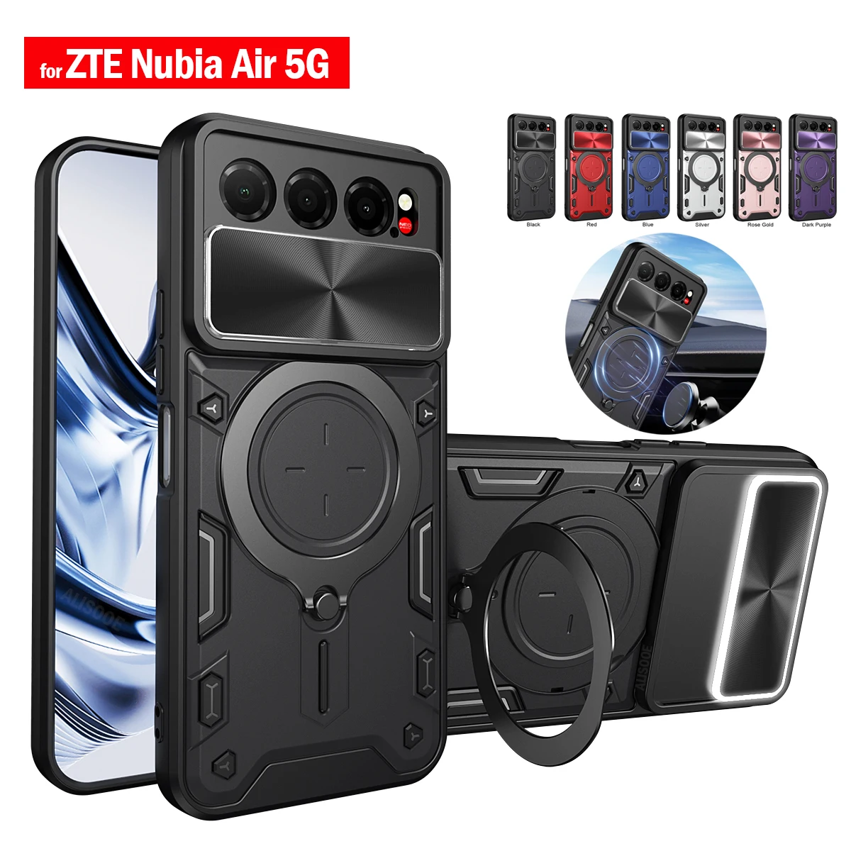Magnetischer Ringständer Funda für ZTE Nubia Air 5G Hülle mit Schiebe-Kameraobjektivschutz und Ständer zum Schutz des Telefons