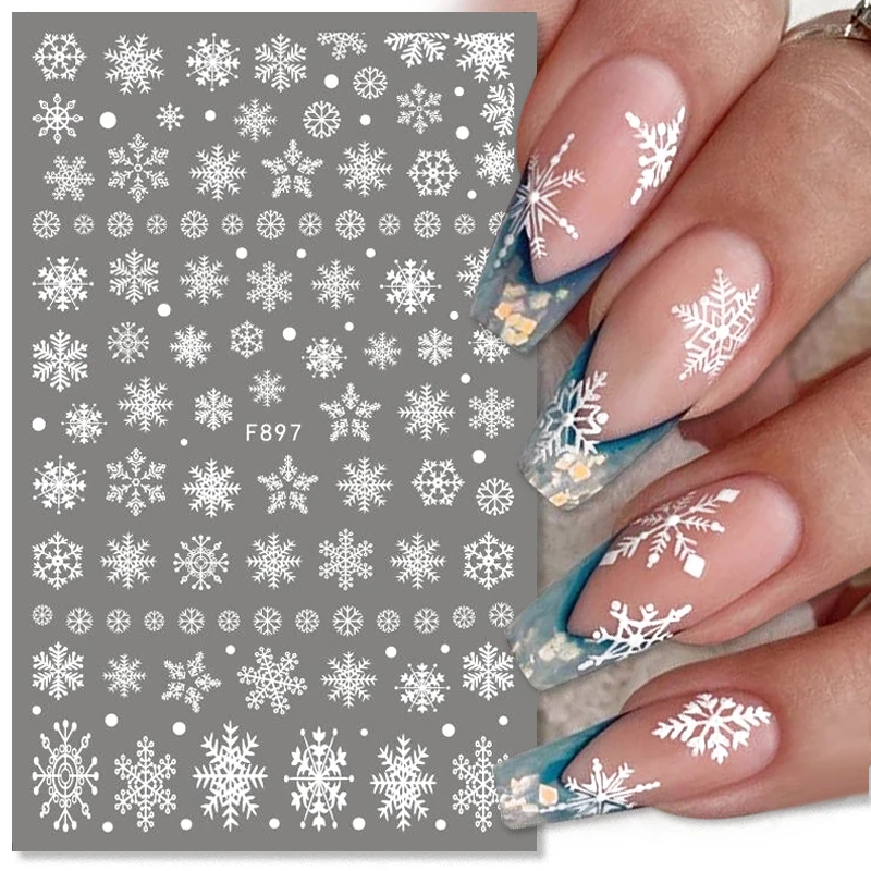 3D Snowflake Nail Stickers White Christmas Designs Self Adhesive Decals New Year Winter UV Gel Foils Sliders Nail Art Decoration