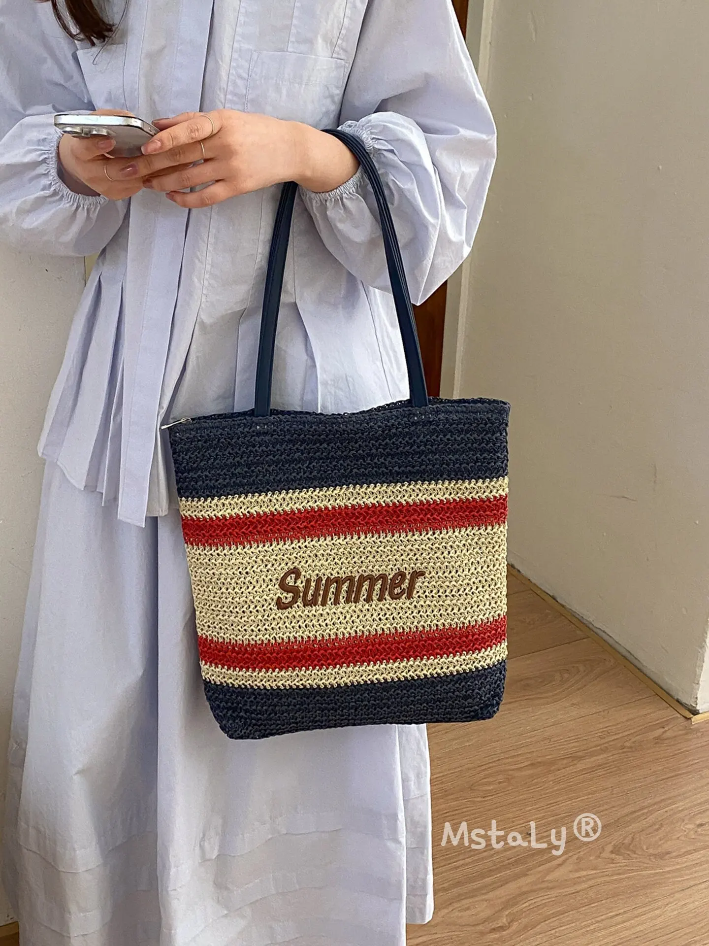 Color Blocking Stripe Woven Handbags For Women Summer Large Capacity Casual Shoulder Bag Beach Vacation Casual Tote Bags