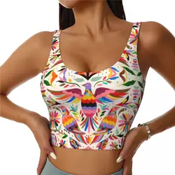 Custom Fashion Mexican Otomi Birds Texture High Impact Sports Bras Women Folk Floral Art Seamless Workout Running Crop Tank Tops