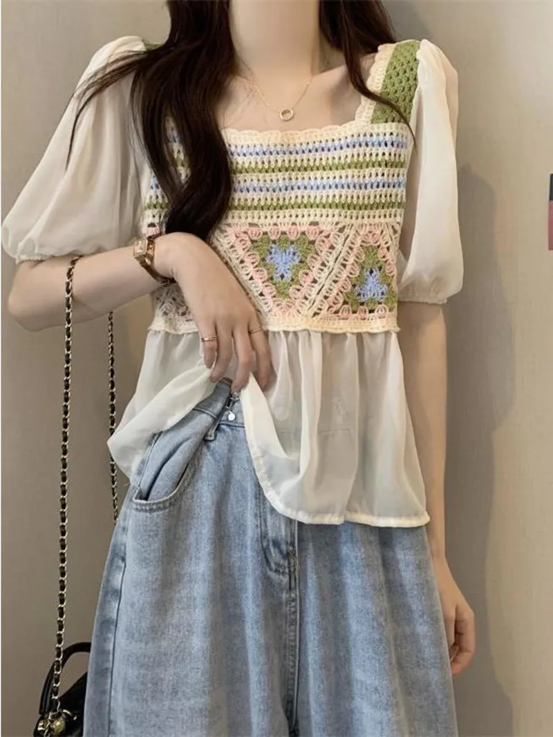 Korean Version Design With Hook Flower Hollowed Out Knitted Women's Summer 2024 New Patchwork Chiffon Short Sleeved Top FT6O