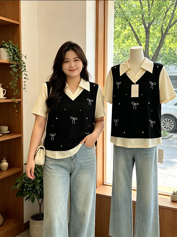 

plus Size Women's College Style Summer New Print Short Sleeve Collision Color Shirt Fake Two-Piece Embellished Top