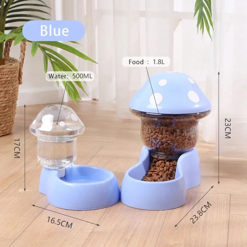 Cat Food Bowl Automatic Feeders and Water Dispenser Cute 1.8 Litre Mushroom Shape Feeding Bowl Water Bottle for Cats Small Dogs