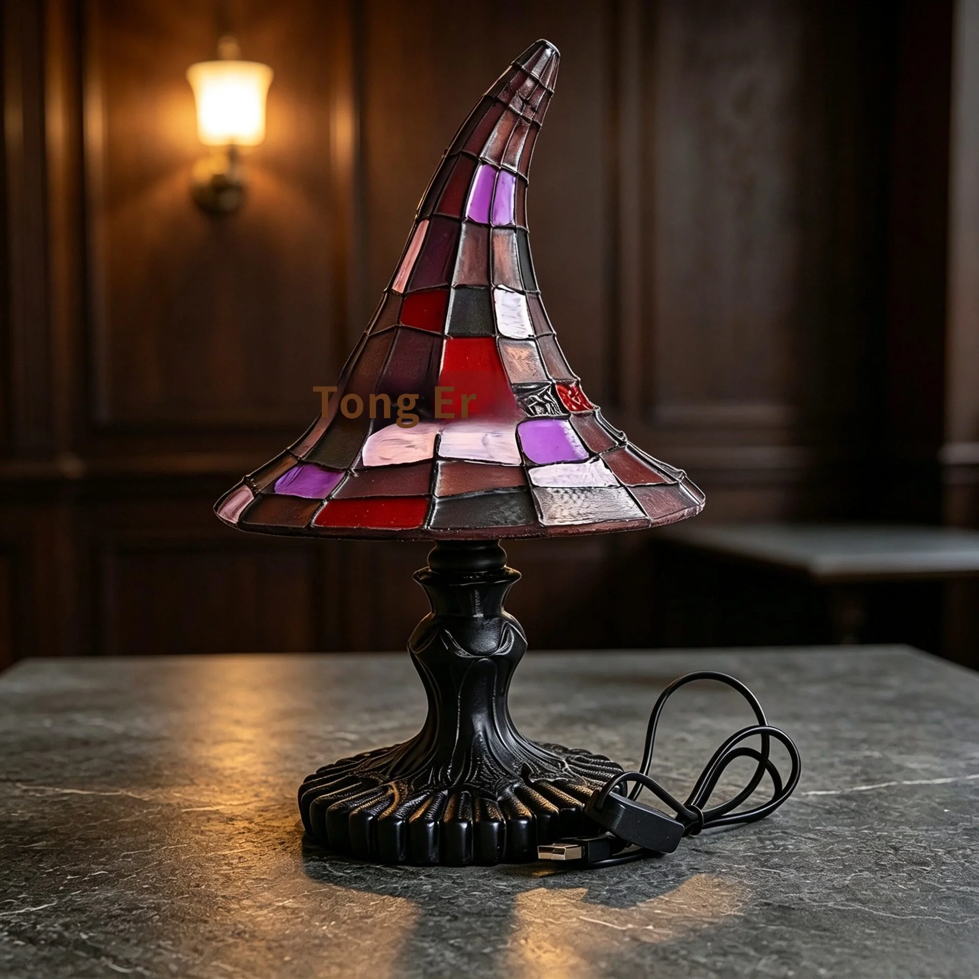Stained Glass Witch Hat Table Lamp with Intricate Gothic Motif Ideal for Living Room Decor Suitable for Kids Resin Crafted Ornam