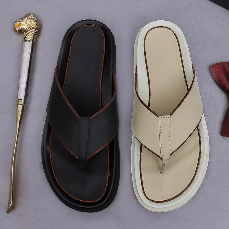 Genuine Leather Mens Flip-Flops 2026 Summer New Fashion Breathable Comfortable Handmade Quality Outdoor Fashion Slippers Man