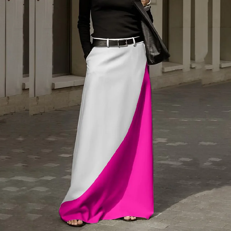 Women Elegant Color Blocking Straight Skirt 2023 Spring Streetwear Fashion Office Long Skirt Retro Boho Pocket Club Skirts Mujer