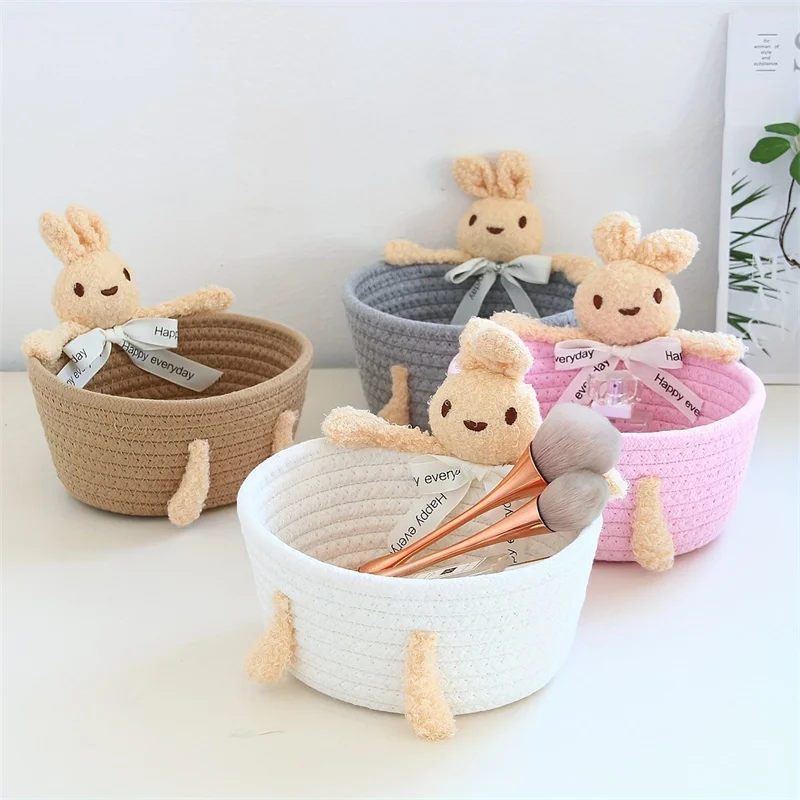 2pcs Hand-Woven Frame Storage Box, Sundries Storage Basket Entrance Cosmetics Storage Frame Cute Rabbit Desktop Small Basket