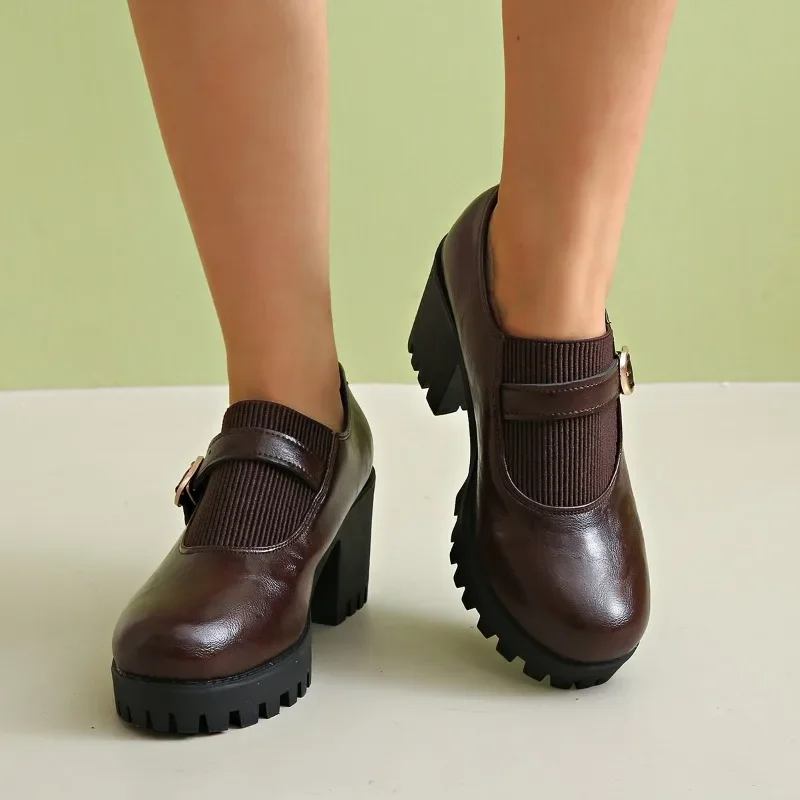 女性用レトロハイヒール,カジュアルパンプス,丸いつま先,厚手のヒール,プラットフォーム,女性用アウトドアシューズ,ローマ,ラージサイズ,2024