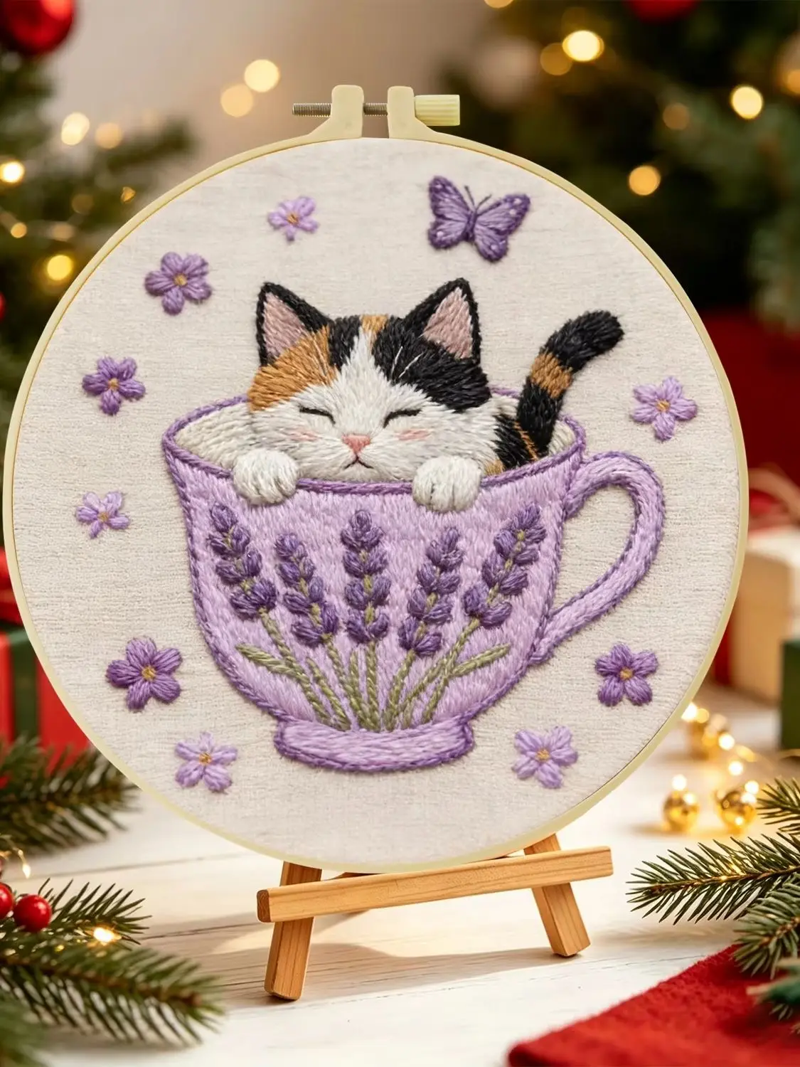 1 Set Lavendel-Teebecher-Katze DIY-Stickerei-Set für Anfänger, Stickerei-Starter-Kit, Kreuzstich-Kunstgeschenk, Handarbeits-Bastelset – Detail 1