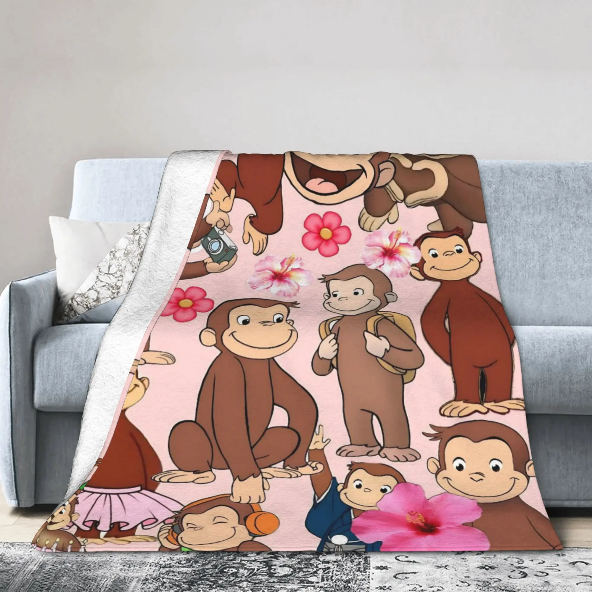Curious Monkey Georges Cartoon Blanket Coral Fleece Plush Autumn Winter TV Series Portable Super Soft Throw Blanket for Outdoor