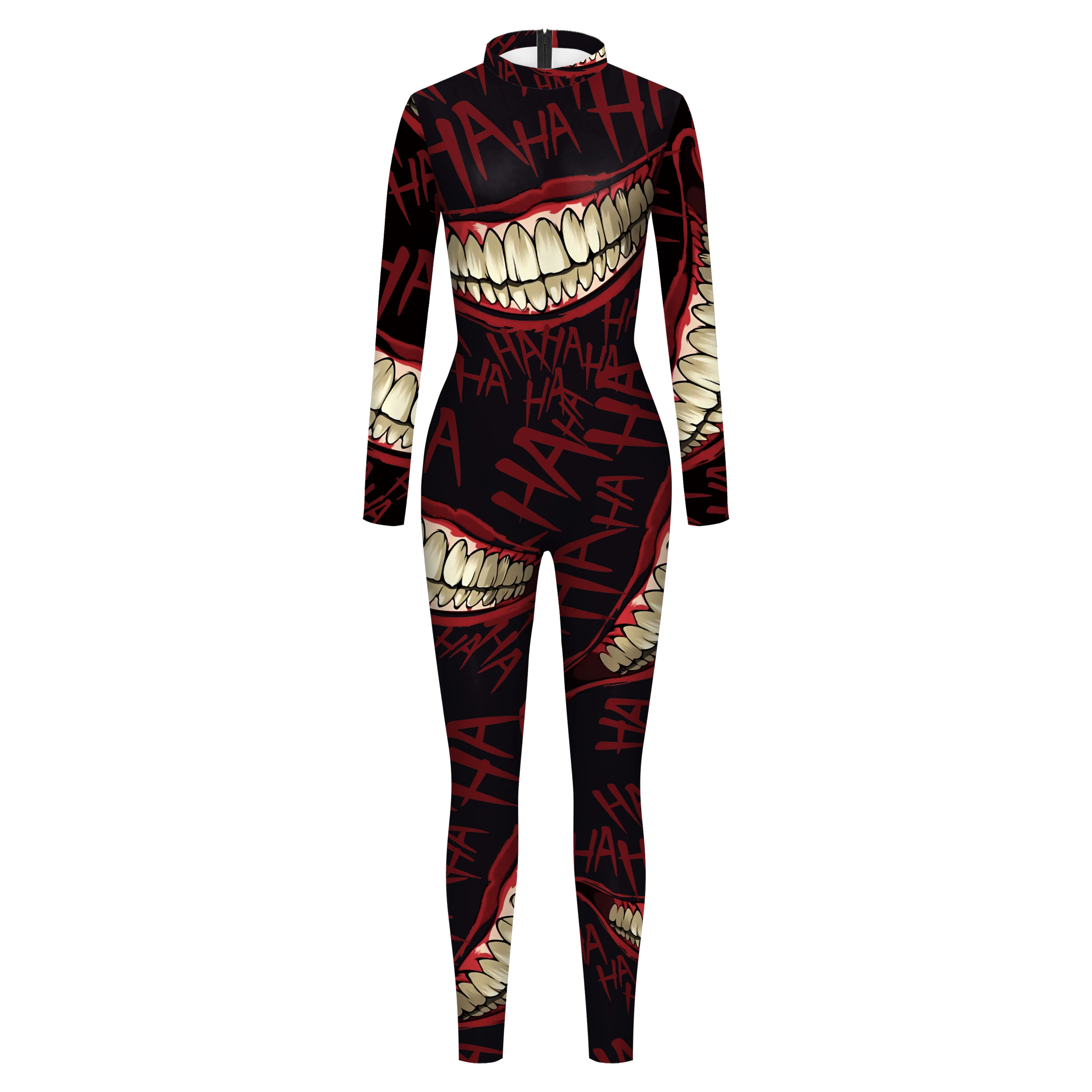 Terrifying Teeth Pattern Jumpsuit Halloween Funny Cosplay Costume Women Bodysuit Carnival Party Catsuit Elastic Cos Clothing