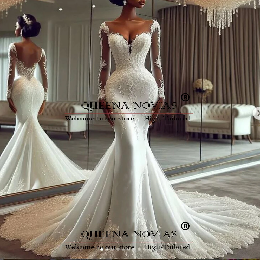 

Luxury Lace Appliques Sweetheart Wedding Dresses Customized Long Sleeves Mermaid Bridal Gowns Formal Party Bride Marriage Dress