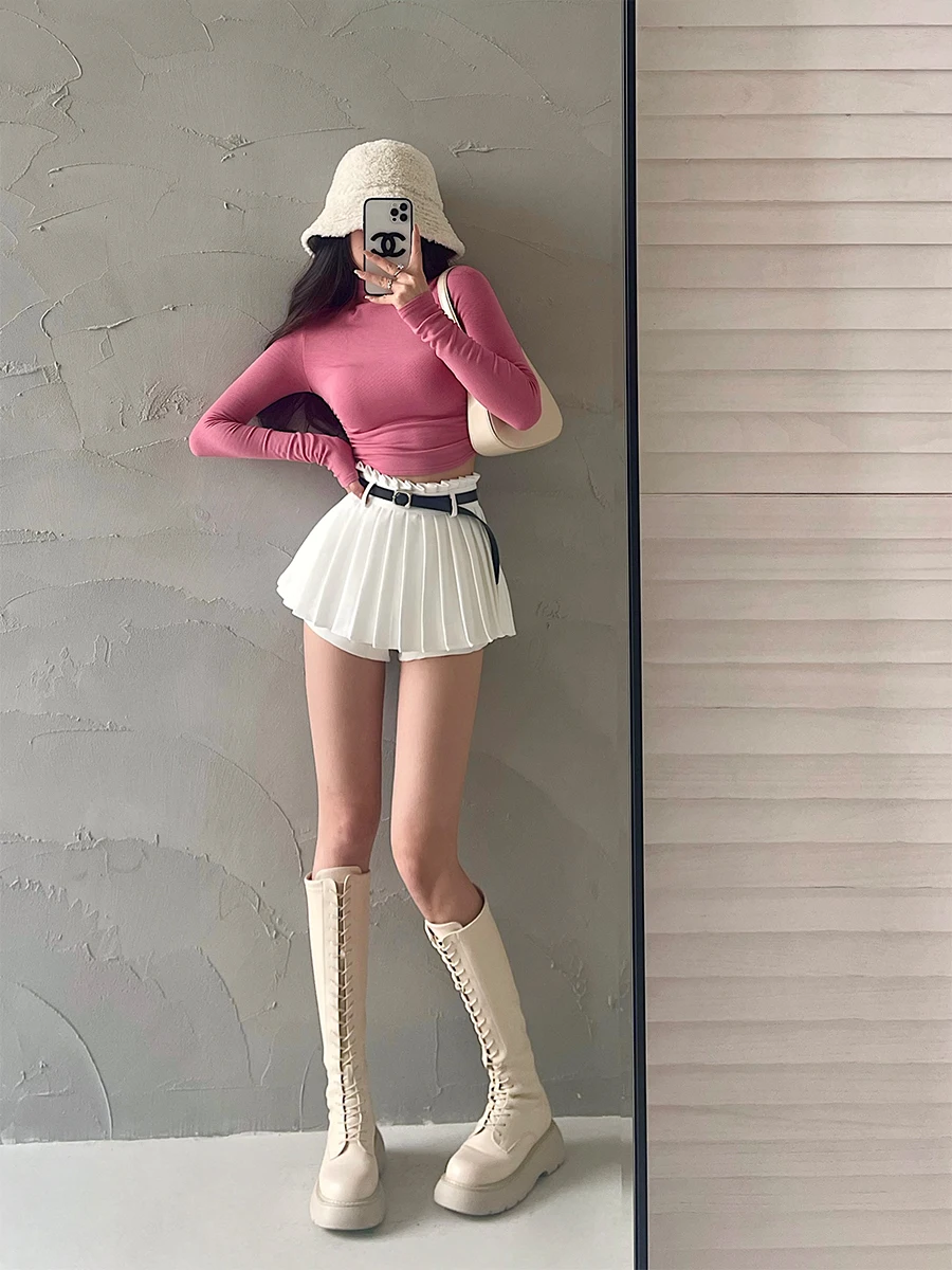 Sexy High-Waist Anti-Light Safety Pants Skirt Young Girl Day Pure Desire Cotton  Skirt with Belt Half-Length Pleated Skirt