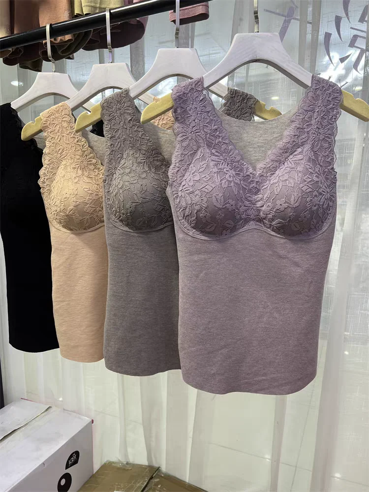 

Velvet Mulberry Silk Warm Vest with Chest Cushion Bra Women's Slim Fit Basic Shirt Self Heating Lace V-neck Tops
