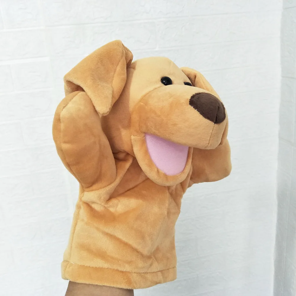 Open mond gele glimlach hond handpop knuffel gevuld cadeau voor kinderen verlichting onderwijs