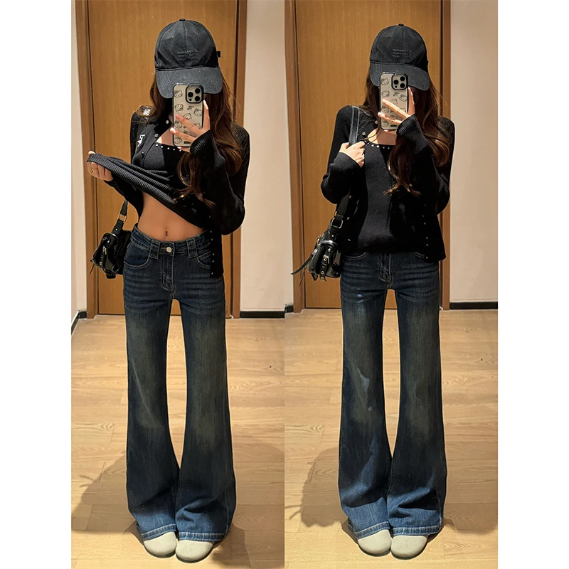 Embroidered micro-pull jeans without sticking to the legs, low waist and slim trousers for women (extended)