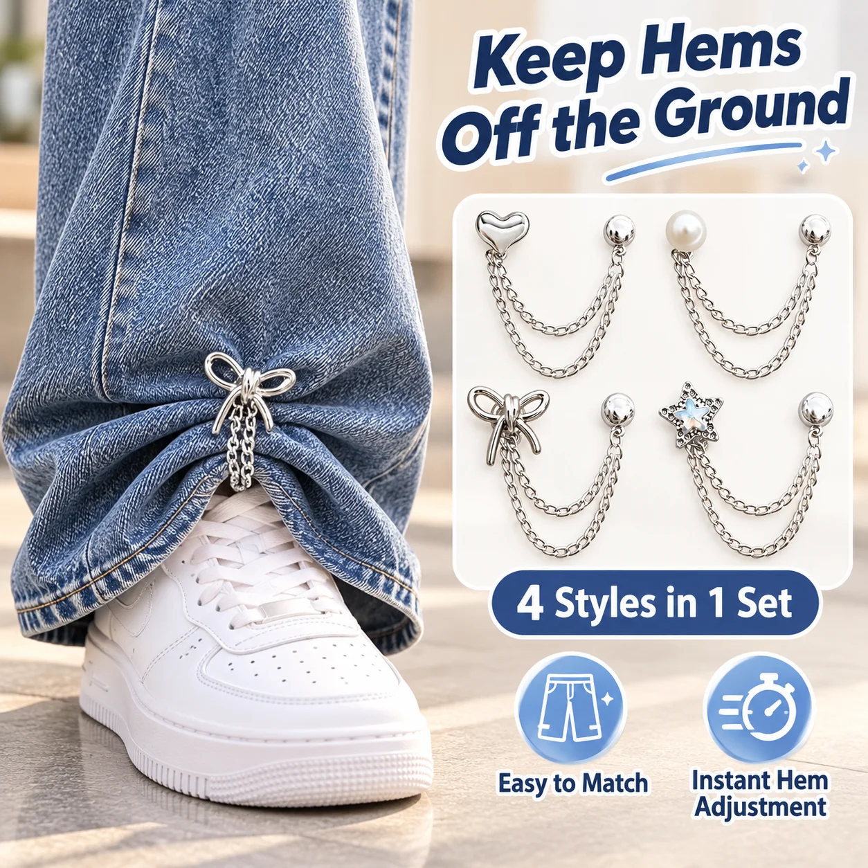 4Pcs Anti-Drag Trouser Leg Fastener Heart Pearl Star Bow Decor Chain Clips for Wide Leg Jeans  No Sew Pants Cuff Holder