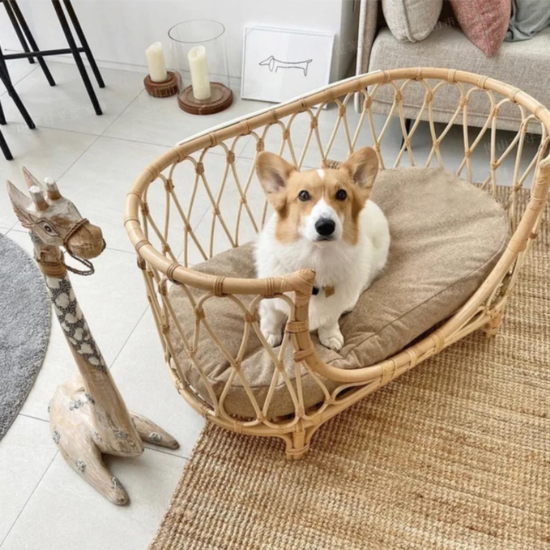 Cama de mimbre hecha a mano para mascotas, sofá para perros y gatos, cama pequeña para las cuatro estaciones, accesorios desmontables universales para perros