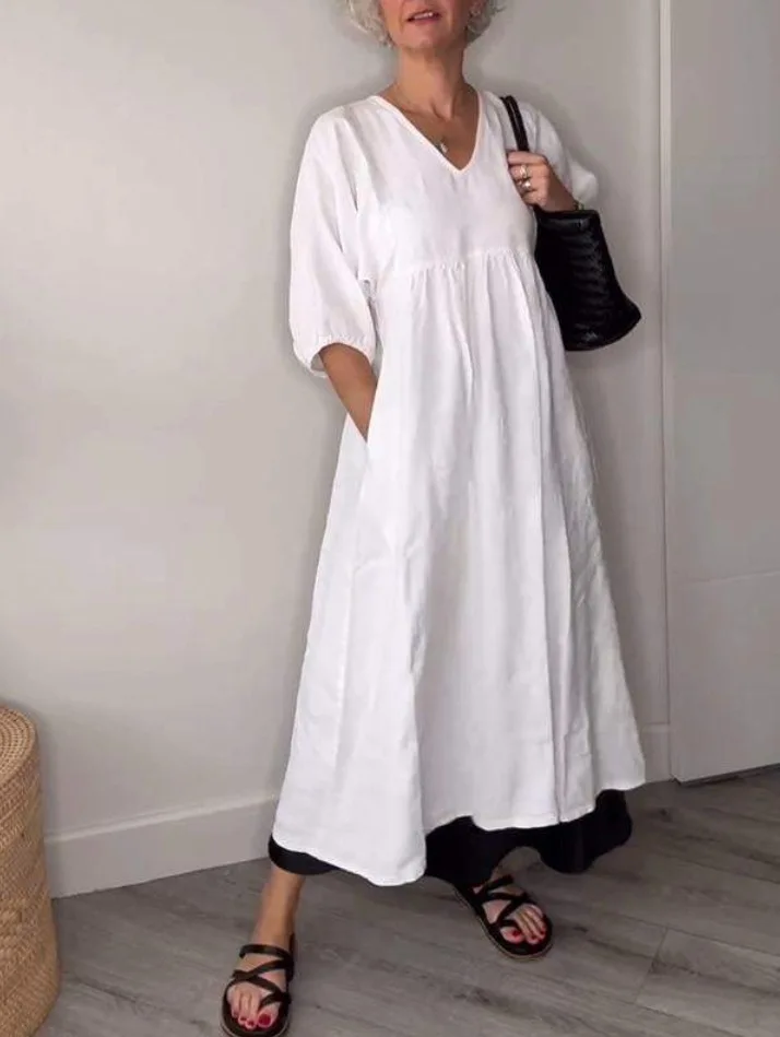 Women\'s 2024 Summer Short Sleeve Maxi Dress Casual Crewneck Swing A Line Long Dress Solid Pocket Dresses For Women Vestidos Robe