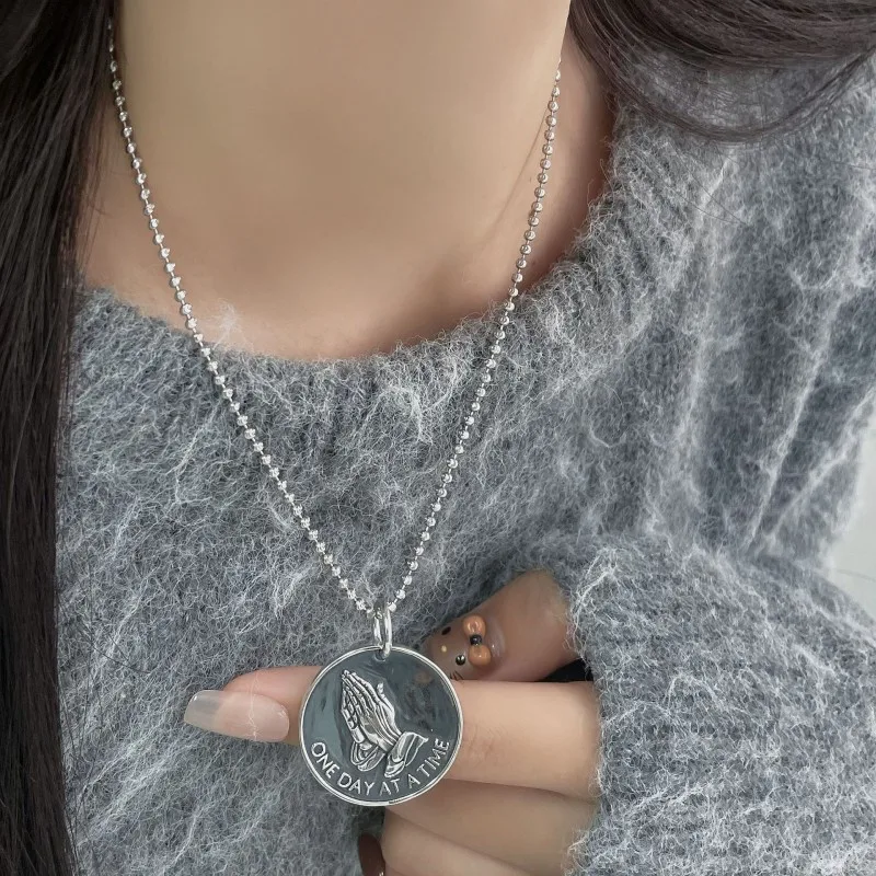 BOCAI New 100% S925 Silver Vintage Fashion Round Pendant Personality Prayer Hand Letters Men and Women Pendant