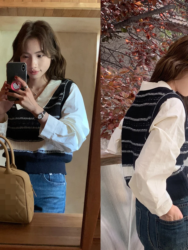 Coreano Sle empalme de punto ort irt V-Ne mujer Faion College Wind falso de dos piezas otoño nueva llegada diseño Retro