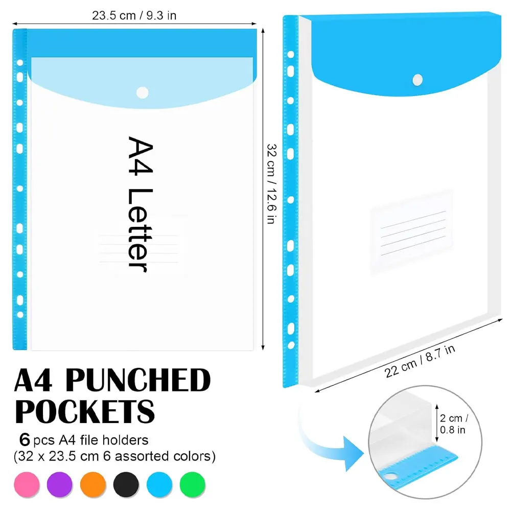 6-Pack Color-Coded Vertical File Bags, Clear Expandable Binder Pouches with Snap Closure and Label Pocket for School and Office