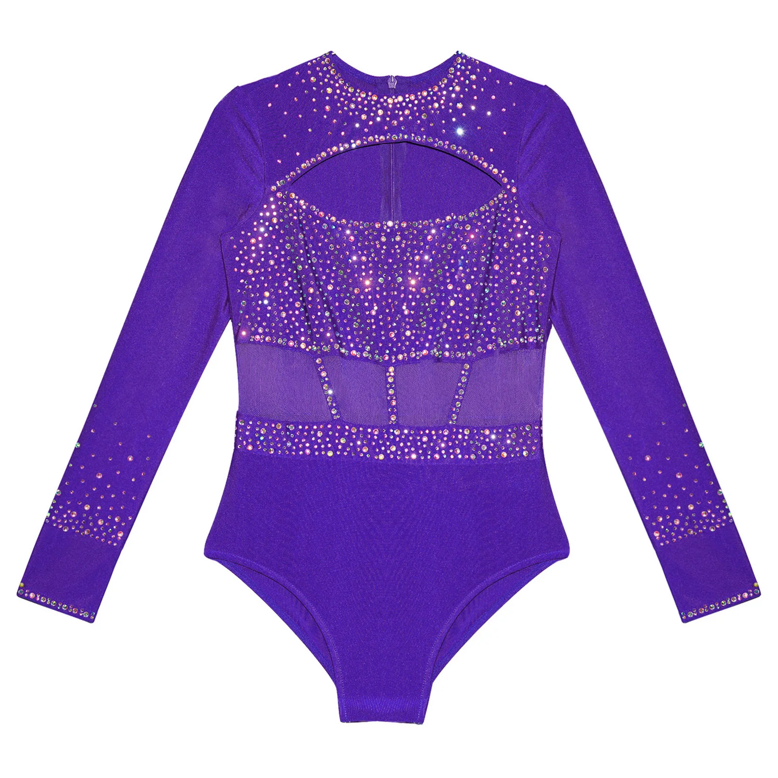 Kinderen Meisjes Gymnastiek Ballet Lyrische Dans Outfit Ronde Hals Lange Mouw Uitsparing Voorkant Glanzende Steentjes Turnpakje + Shorts + Hoofddeksels