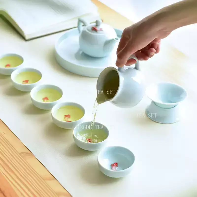 New Style Celadon Fish Tea Set Set Teapot Tea Cup Travel Convenience Tea Set Office Household Drinking Utensils WSHYUFEI