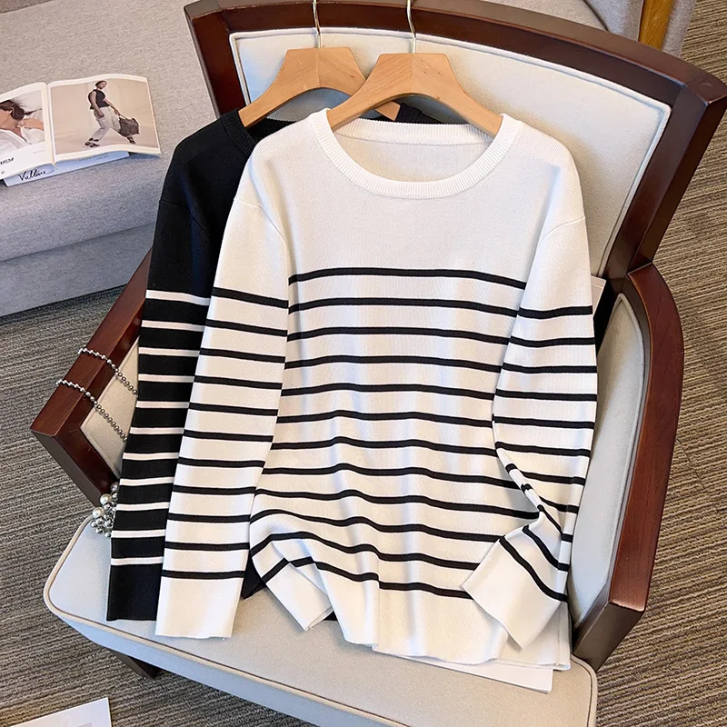 

100/175kg Autumn New Extra Large Women's Long Sleeve Pullovers Round Neck Bottoming Striped Sweater Knitwears 6XL 7XL