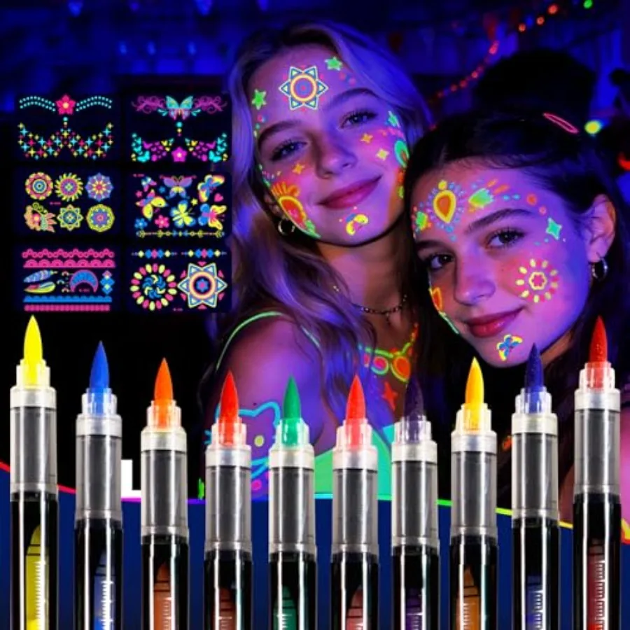 

Маркеры для лица и тела Sovano Glow Party, 10 неоновых УФ-реактивных ручек для татуировок под черный свет с флуоресцентными наклейками, водостойкие