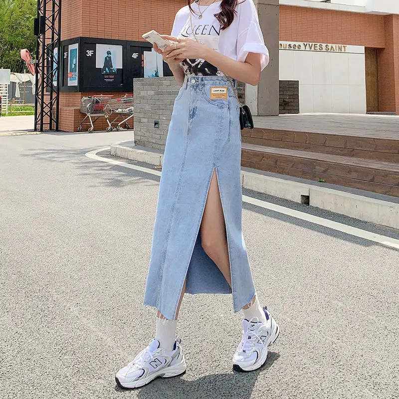 

Fashion Women Denim Skirts 2024 Summer New High Waist Side Slit Jean Mid-Calf Skirt Female Solid Color Casual A-Line Bottoms L14