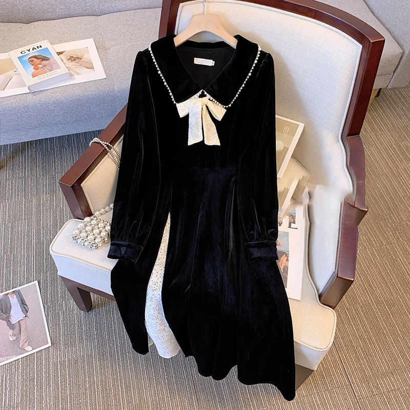 

Женское бархатное платье во французском стиле, винтажное черное элегантное платье-трапеция средней длины с воротником «Питер Пэн» и бантом, расшитое бисером