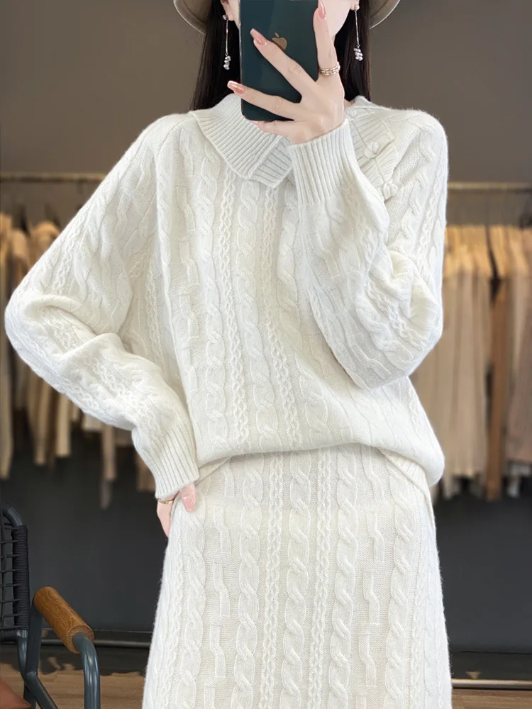 Two-piece Set Women 100% Merino Wool Pullover Solid Color Lapel Knit Embroidery Sweater Autumn Winter Clothing Skirt Warm Soft