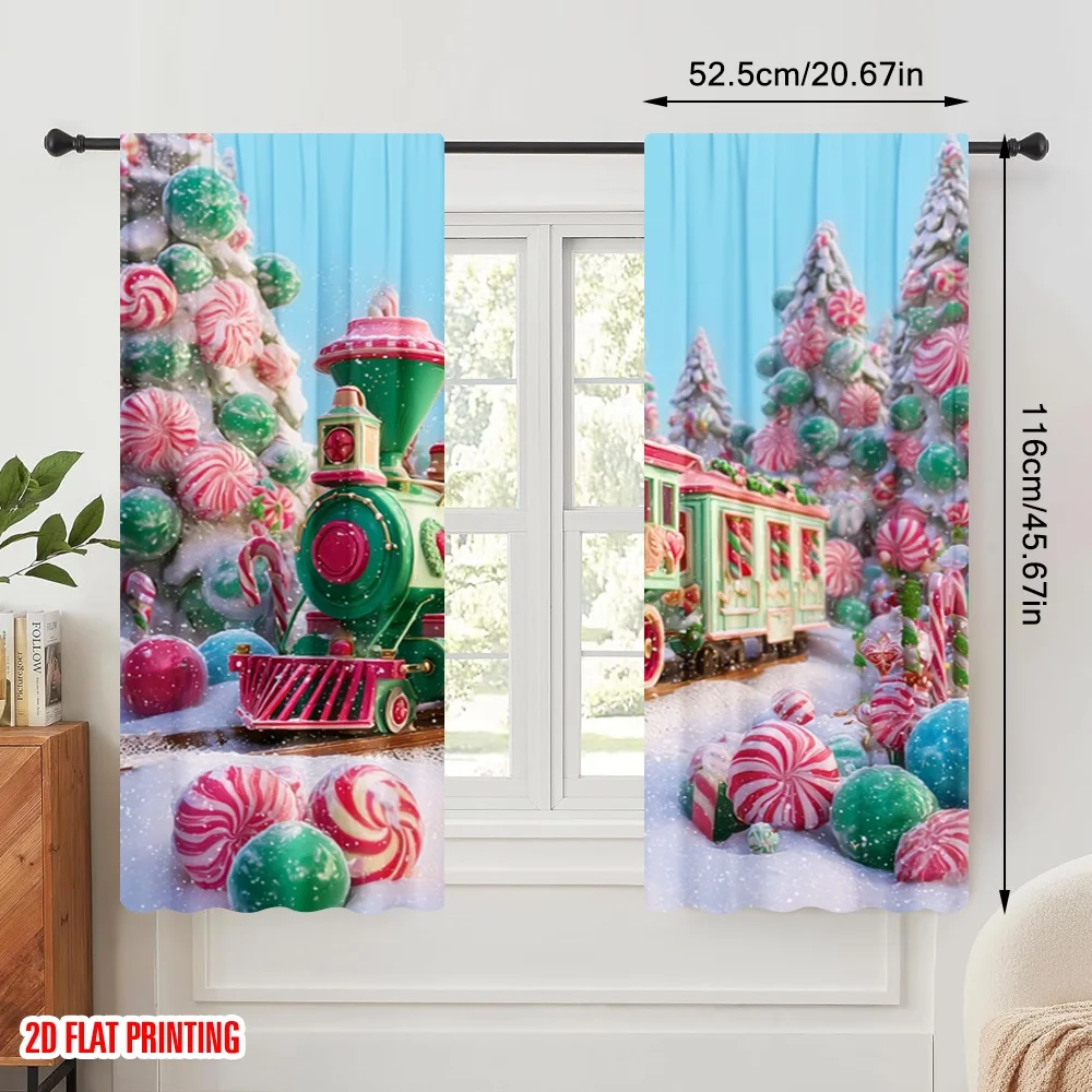 2pcs,2D plane printing Window Curtain Christmas Candy Train Durable 100% Polyester Fabric (without rod) Decorations Inside for
