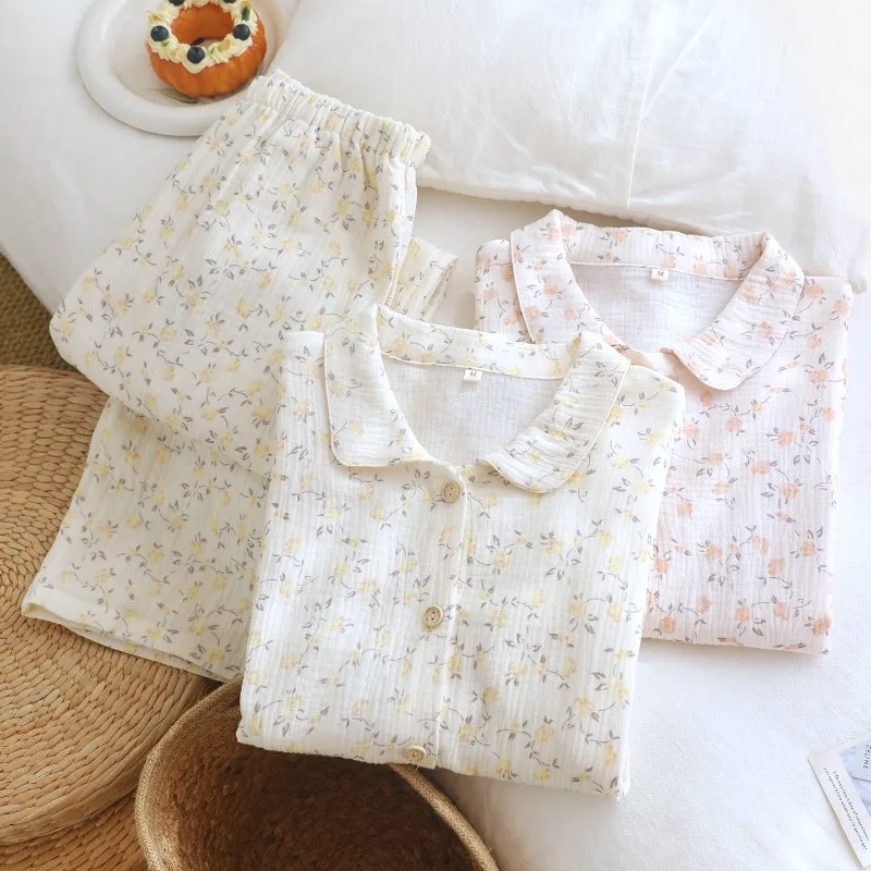 2027 New Spring and Autumn Women's Pajama Set 100% Cotton Crepe Long Sleeve Small Collar Cute Home Clothes Autumn and Winter Set