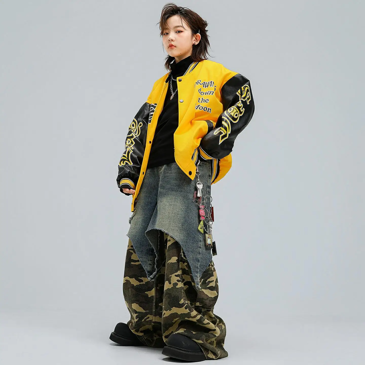 طفل Kpop الهيب هوب الملابس سترة صفراء سترة واقية الدنيم الأزرق كامو المرقعة ممزق السراويل لفتاة صبي أزياء رقص الملابس #2