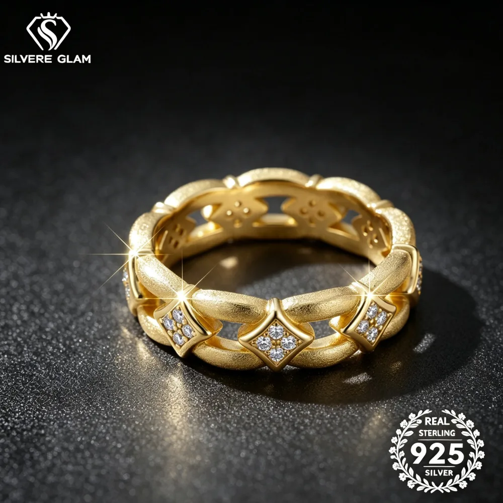 925 Silver Hollow Chain Link Square Moissanite Ring D VVS1 Multi Stone Vintage Wide Band Stackable Fine Jewelry For Women