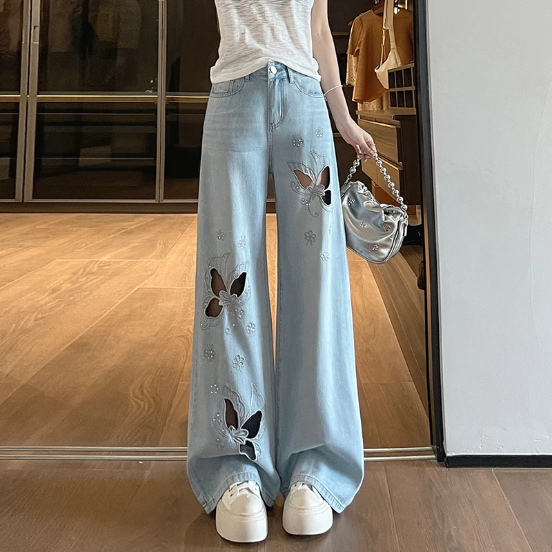 Light Blue Butterfly Cutout Wide Leg Jeans Women High Waisted Rhinestone Embroidered Denim Pants Summer Loose Straight Trousers
