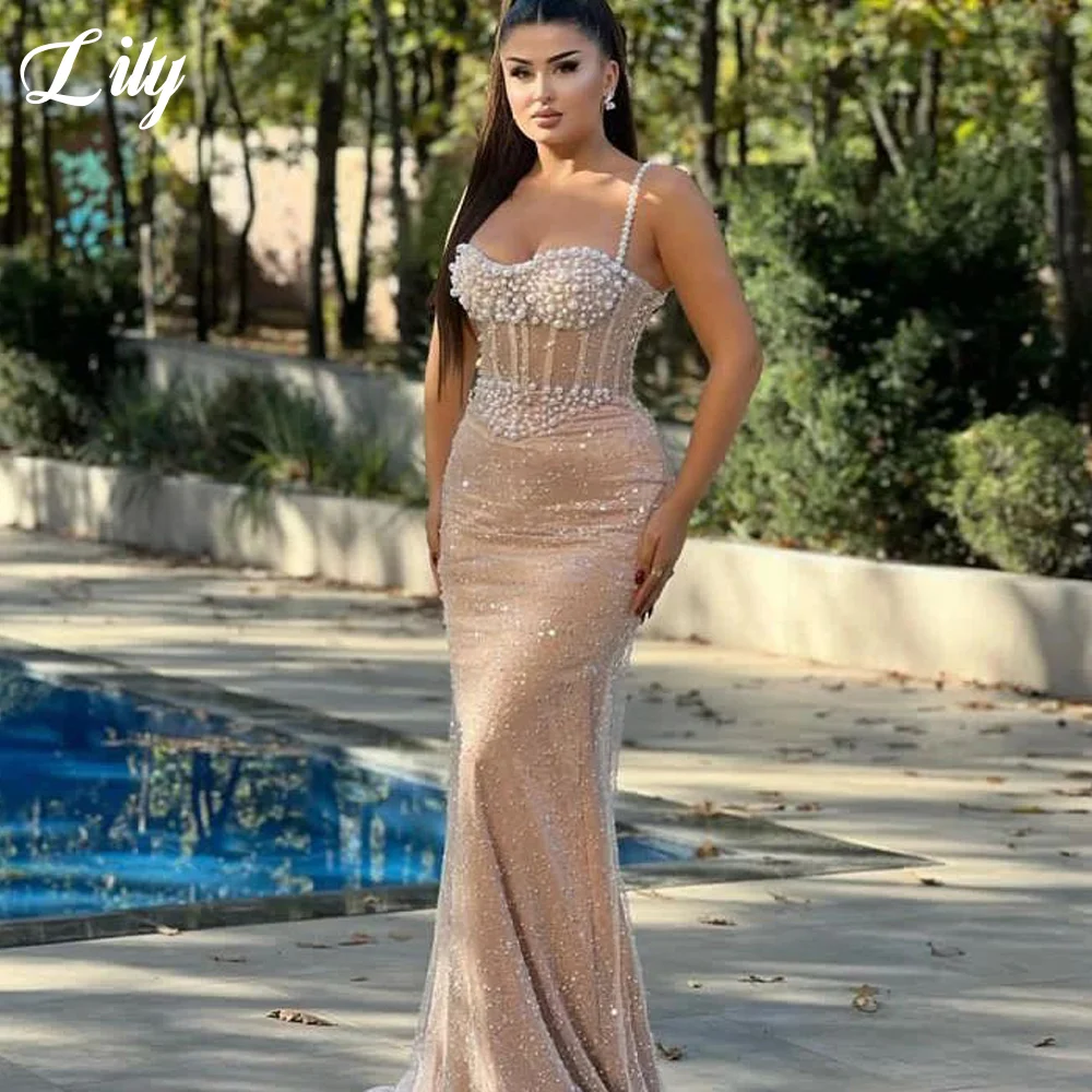 

Lily Nude Pink Evening Dresses Spaghetti - Strap Sequined Prom Dresses With Pearl Embellishments And Corset Bodice Customized