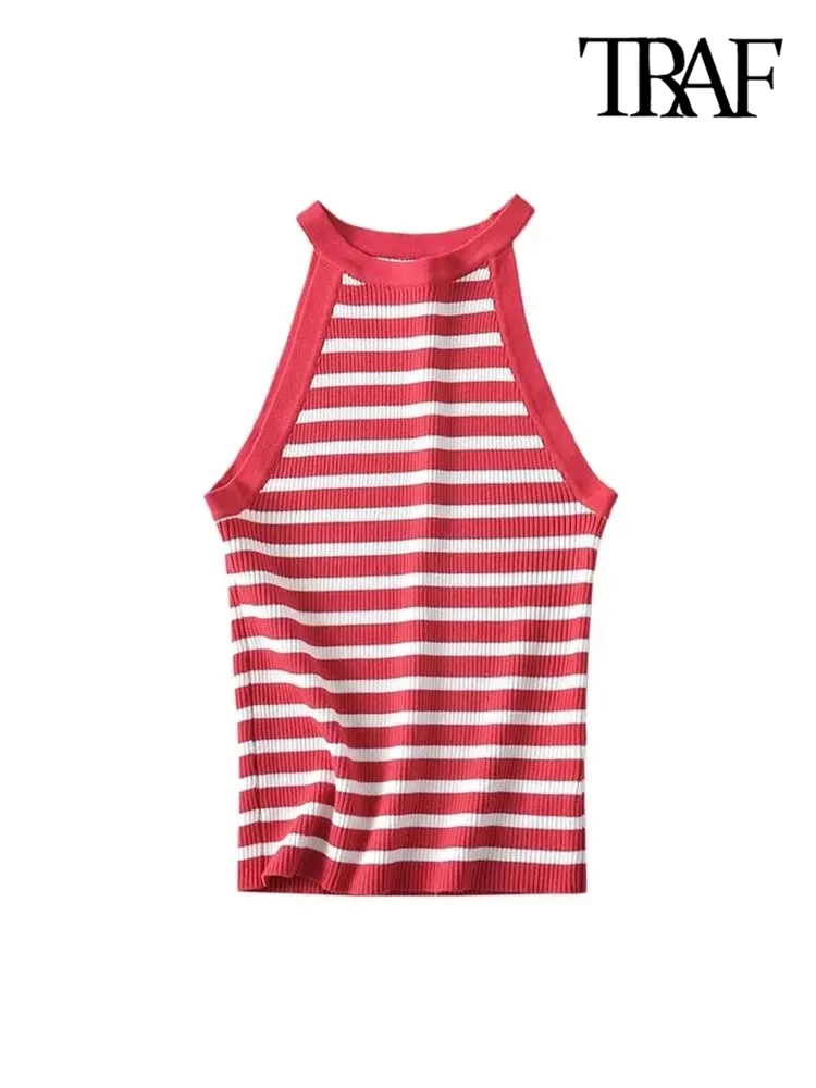 TRAF Women Fashion Striped Basic Knit Tank Tops Sexy Sleeveless O Neck Female Camis Mujer