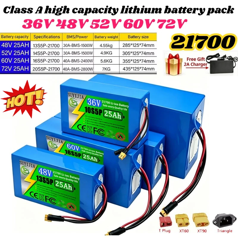 Paquete de Baterías de Litio 25AH 48V 52V 60V 72V 21700, Paquete de Baterías de Alta Potencia 1500W-2800W con BMS, Aplicable a Motocicletas/Triciclos/Bicicletas